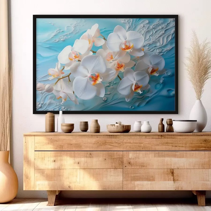 Fototapetai Baltos orchidėjos, išdėstytos ant šviesiai mėlyno paviršiaus su vandens lašeliais, švelnus apšvietimas f44401