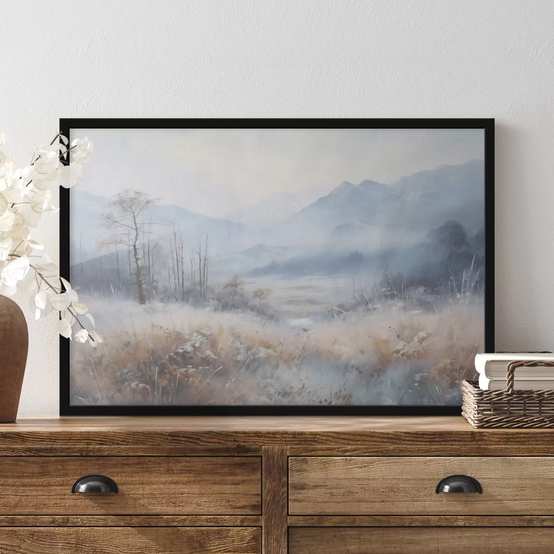 Paveikslėlis Tekstūruotas kraštovaizdis su kalnais, sausa žole ir mišku, prislopintos spalvos f44402