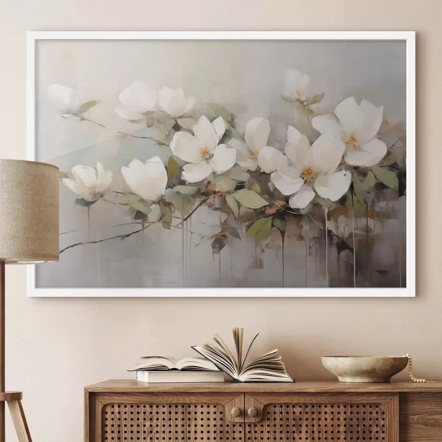 Fototapetai Baltos magnolijos žiedai su žaliais lapais ant šakos, švelnūs potėpiai, prislopintos spalvos f44404
