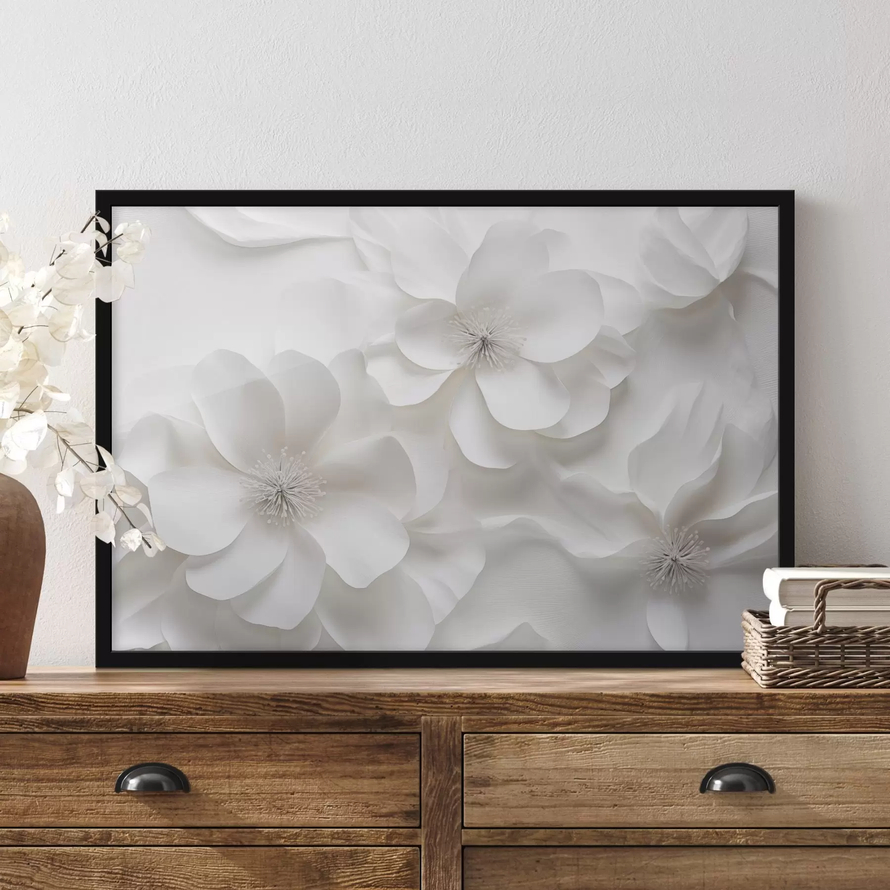 Fototapetai Baltos dekoratyvinės gėlės su subtiliais žiedlapiais ir įmantriais kuokeliais f44406