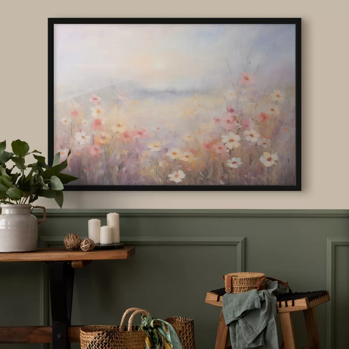 Plakatas Tekstūruotas saulėtas gėlių lauko kraštovaizdis, švelnios pastelinės spalvos, svajinga atmosfera f44408