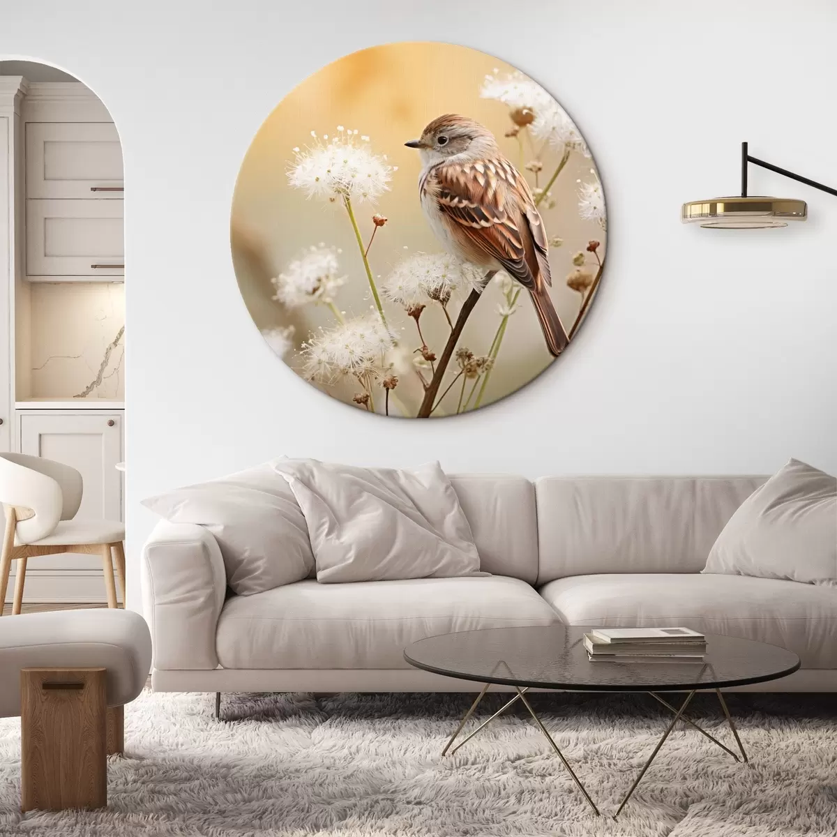 Apvalūs paveikslai Paukštis ant šakos su baltomis gėlėmis, minkštas fokusavimas, gamtos fonas r44393