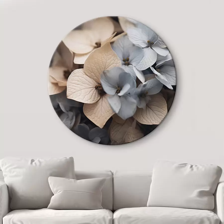 Fototapetai Hortenzijos gėlės, šviesiai mėlyni ir smėlio spalvos žiedlapiai, su detalių tekstūrų, elegantiška gėlių kompozicija r44394