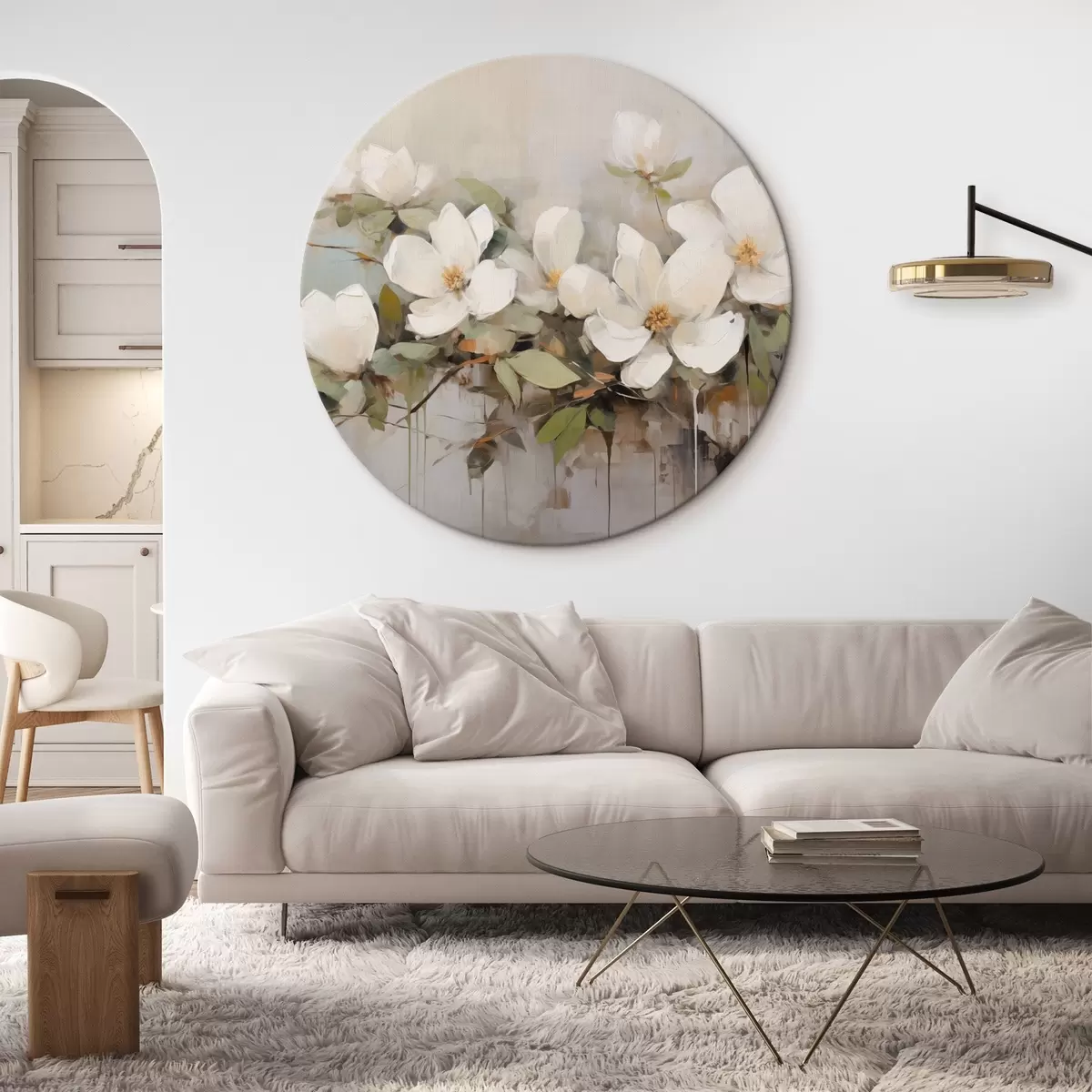 Apvalūs paveikslai Baltos magnolijos žiedai su žaliais lapais ant šakos, švelnūs potėpiai, prislopintos spalvos r44404