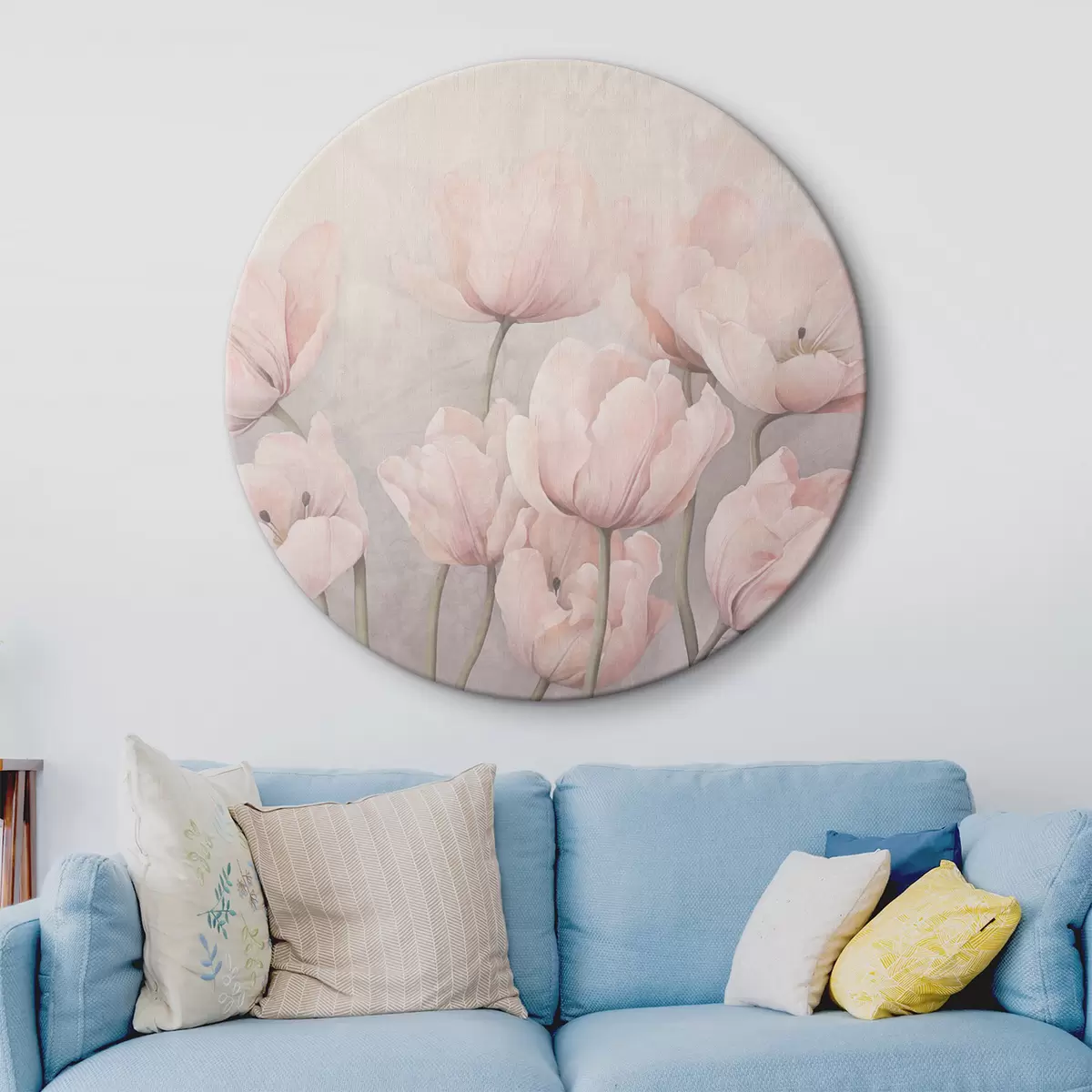 Apvalūs paveikslai Senovinės tekstūruotos rožinės tulpės ilgais stiebais, švelnios prislopintos spalvos, šviesiai pilkas fonas r44407