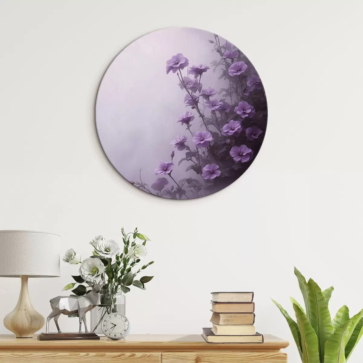 Apvalūs paveikslai Violetinės gėlės rūke r44456