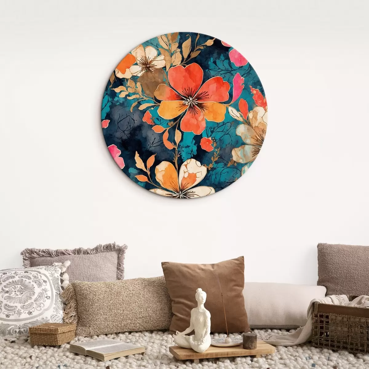 Apvalūs paveikslai Daugiaspalvis akrilinis paveikslas tamsiai mėlyname fone Abstraktus daugiaspalvis akrilinis paveikslas tamsiai mėlyname fone mėlynas fonas r44460