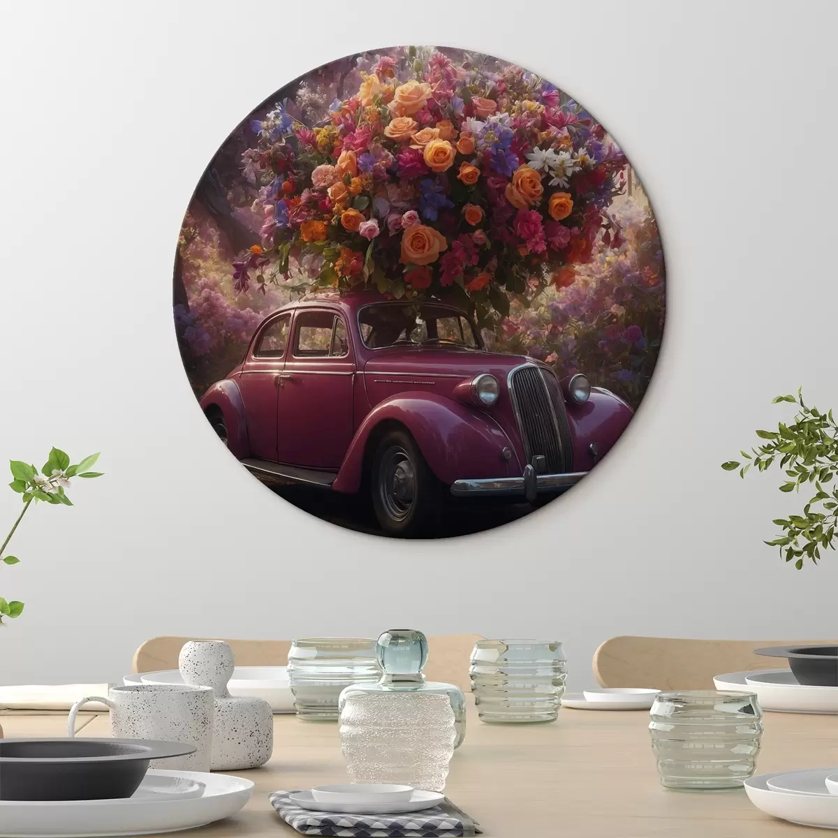 Apvalūs paveikslai Retro automobilis ir didžiulė gėlių puokštė r44471