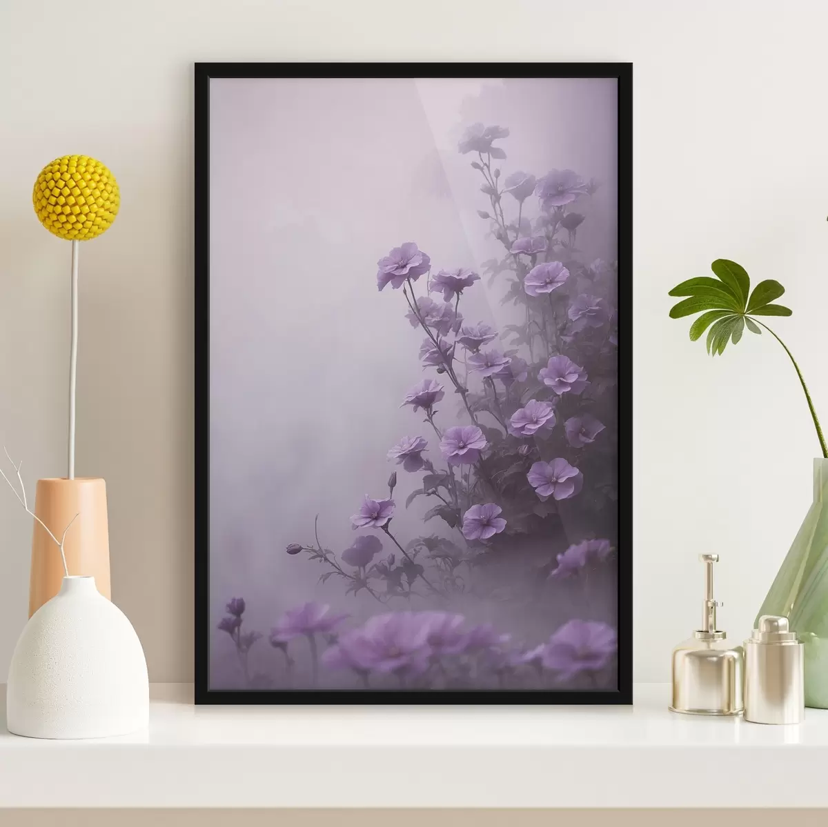Plakatas Violetinės gėlės rūke f44456