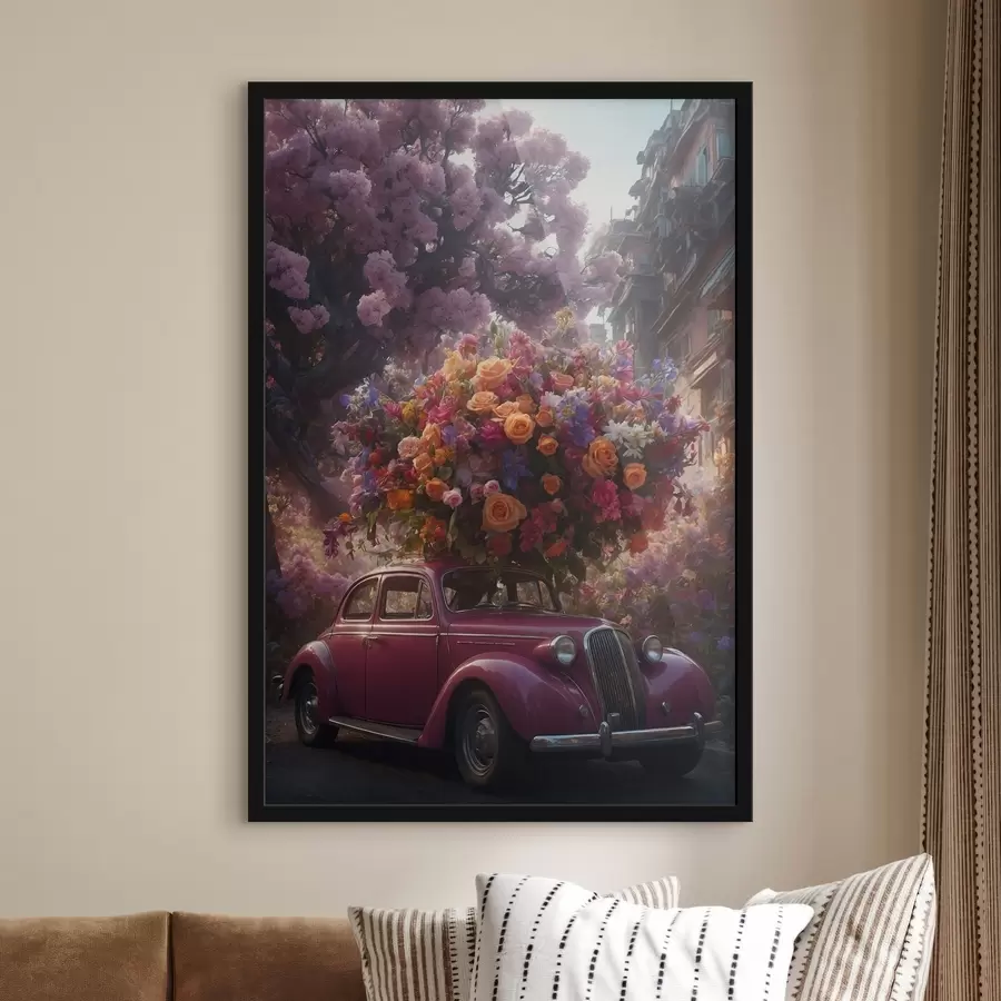 Fototapetai Retro automobilis ir didžiulė gėlių puokštė f44471