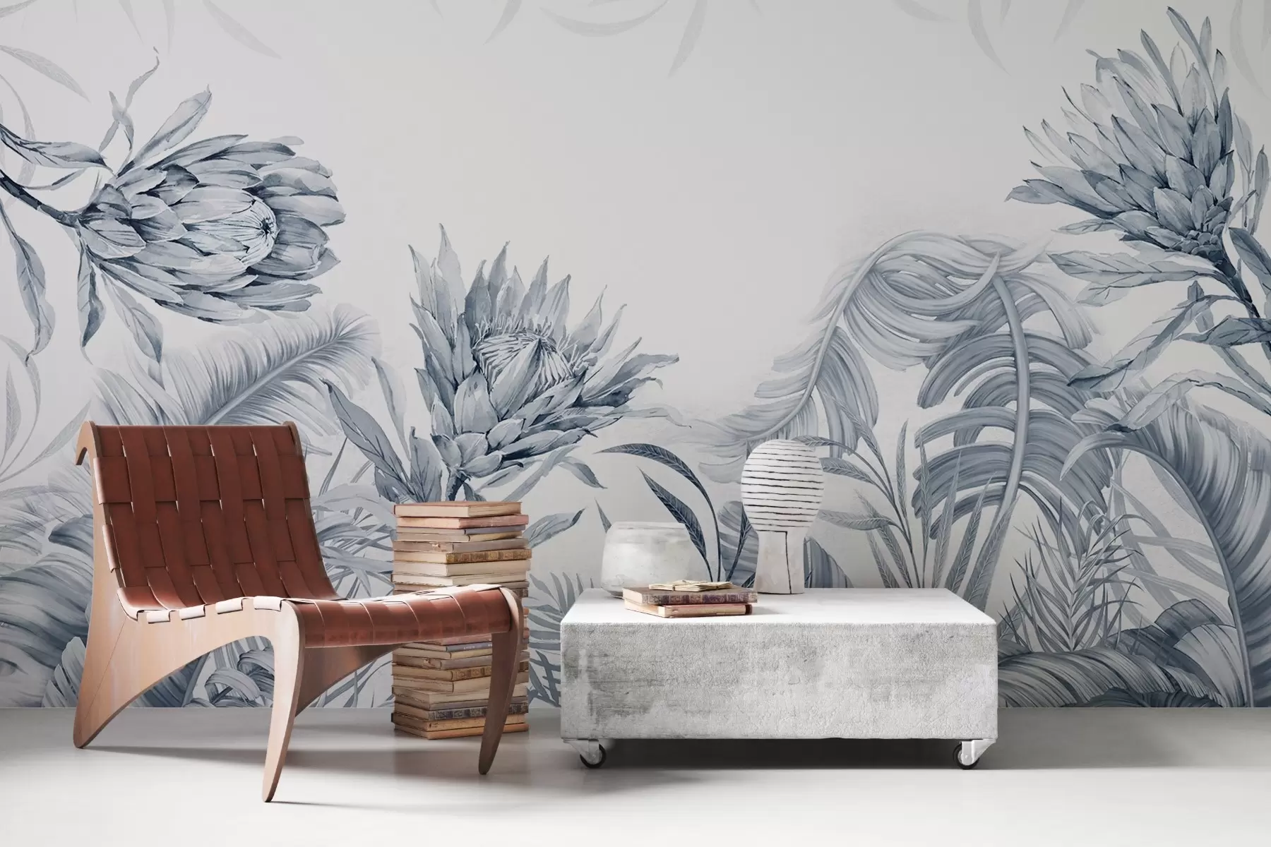 Fototapetai Protea tarp atogrąžų lapų, žali atspalviai w03952v2