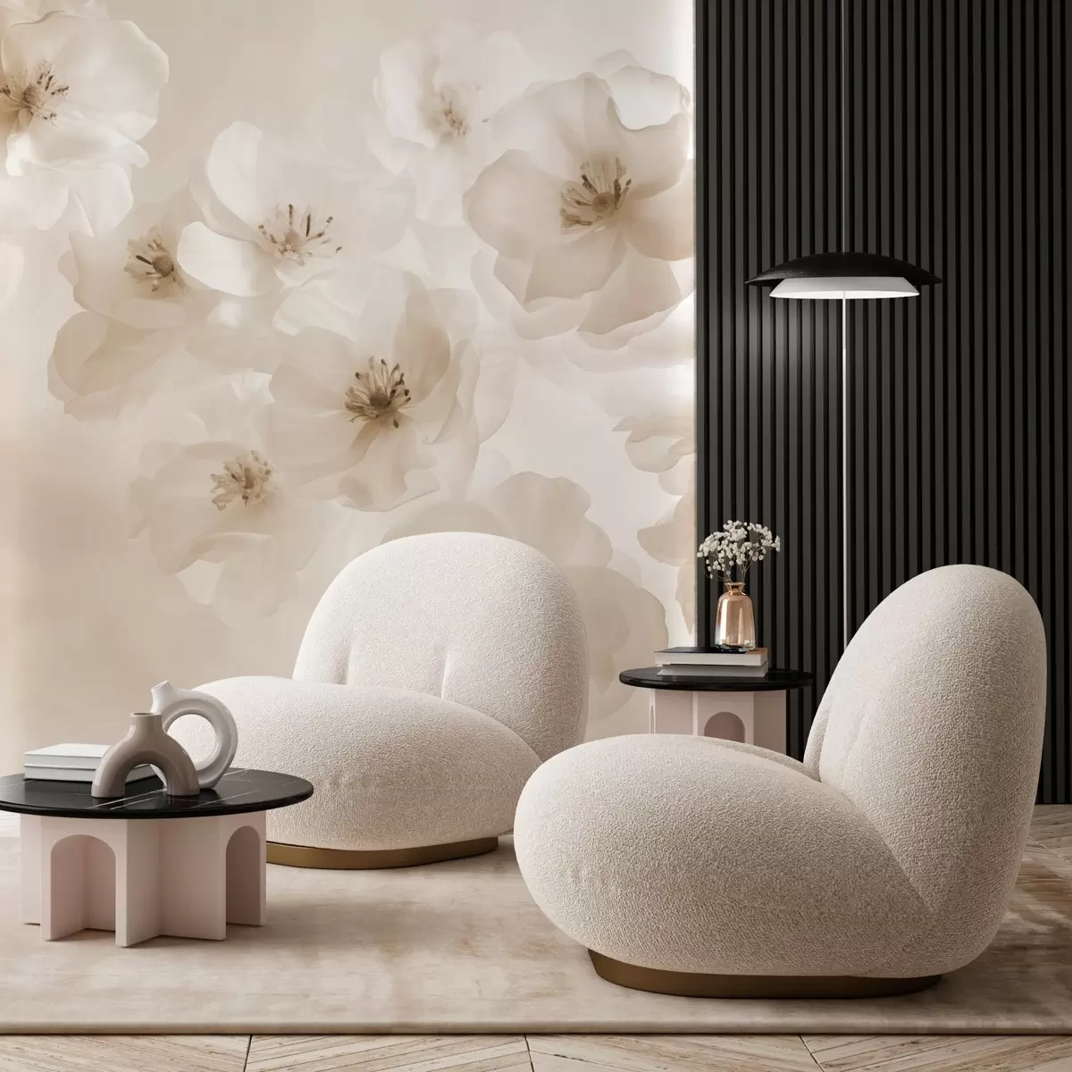 Fototapetai Subtilūs dideli žiedai, smėlio atspalvių w03931v2