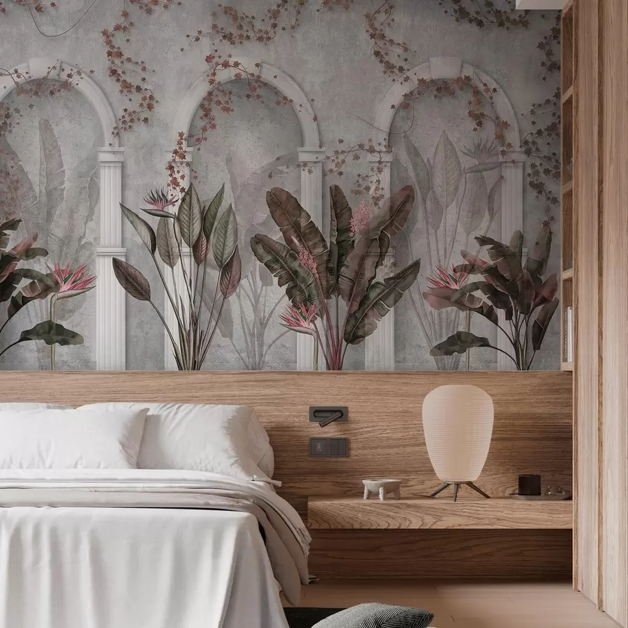 Fototapetai Betoninė siena su arkomis ir atogrąžų augalais, gėlių, bordo spalvos w04065v1