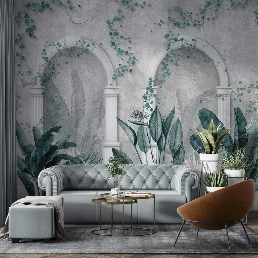 Fototapetai Betoninė siena su arkomis ir atogrąžų augalais, gėlių, mėlynos spalvos w04065v2