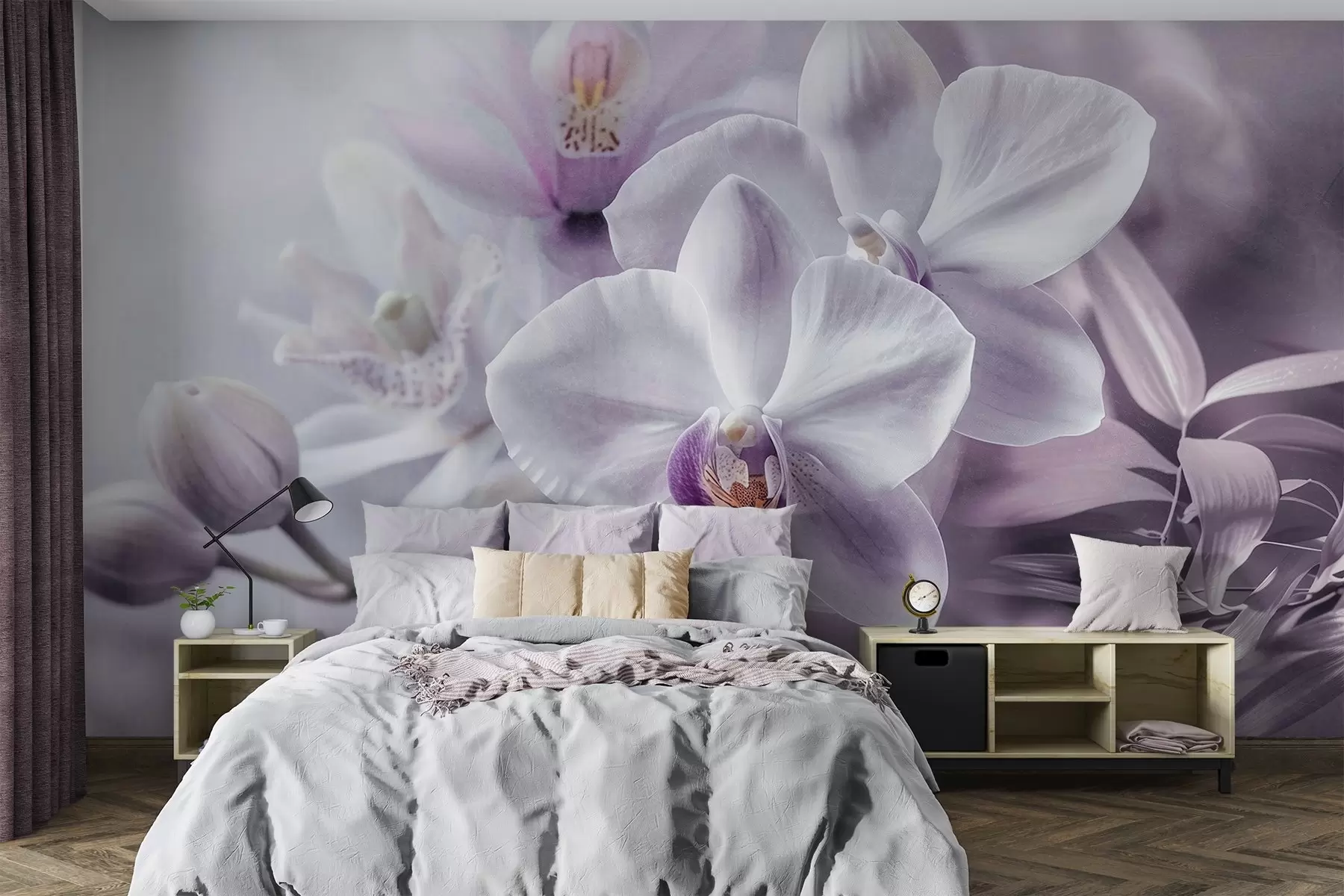 Fototapetai Baltos ir alyvinės spalvos subtilios orchidėjų gėlės, švelnus apšvietimas ir neryškus tekstūruotas fonas  w09155