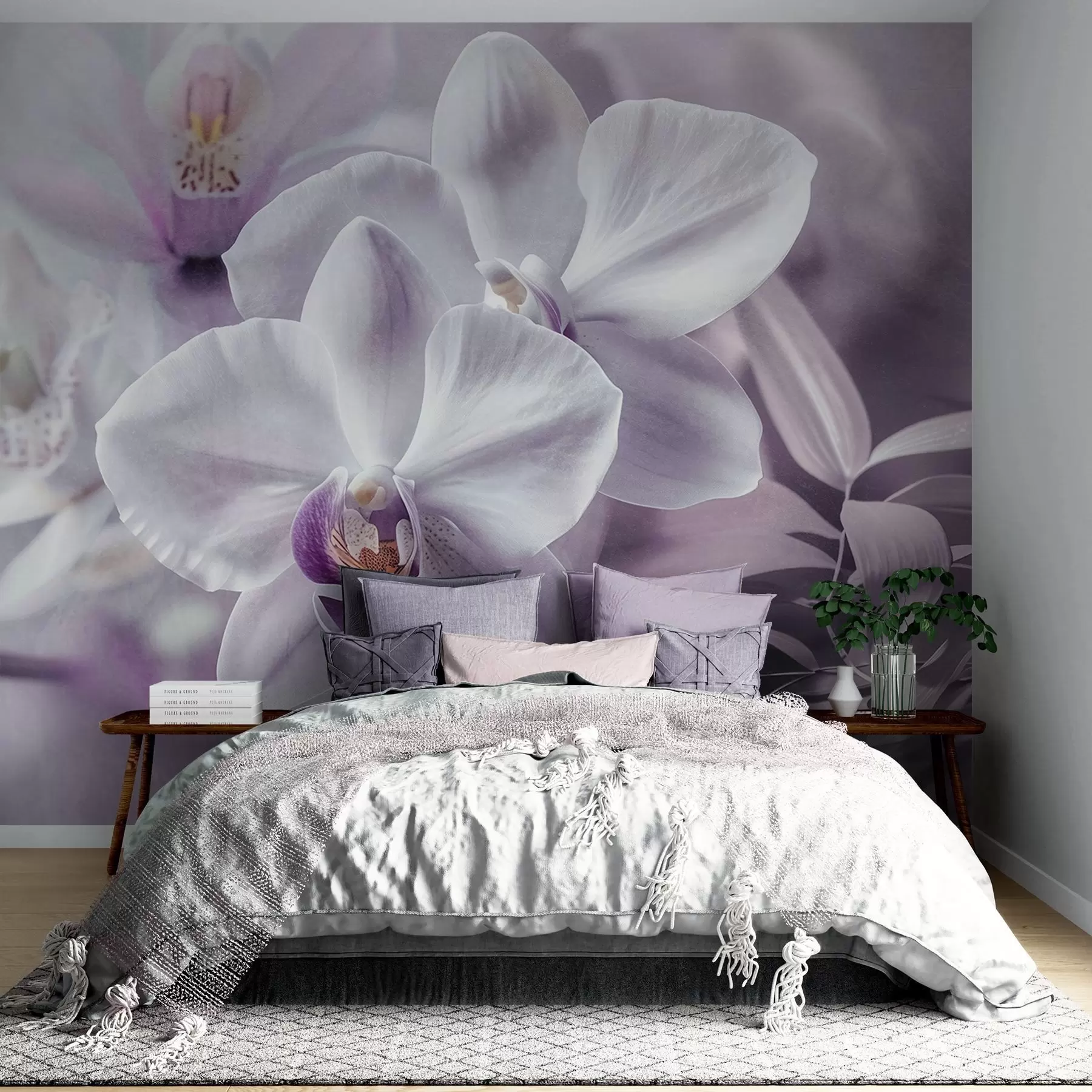 Fototapetai Baltos ir alyvinės spalvos subtilios orchidėjų gėlės, švelnus apšvietimas ir neryškus tekstūruotas fonas  w09155