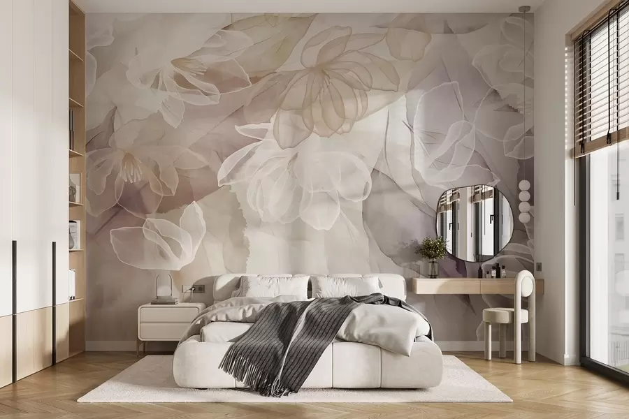 Fototapetai Žiedai ir lapai su skaidriais baltų, smėlio ir violetinių atspalvių žiedlapiais, švelnūs ir subtilūs w09158