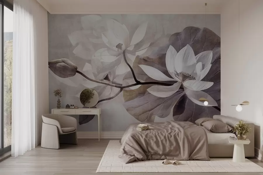 Fototapetai Grūdėtos tekstūros prislopintos subtilios lotoso gėlės su lapais ir stiebais, švelnios smėlio spalvos paletė w09159