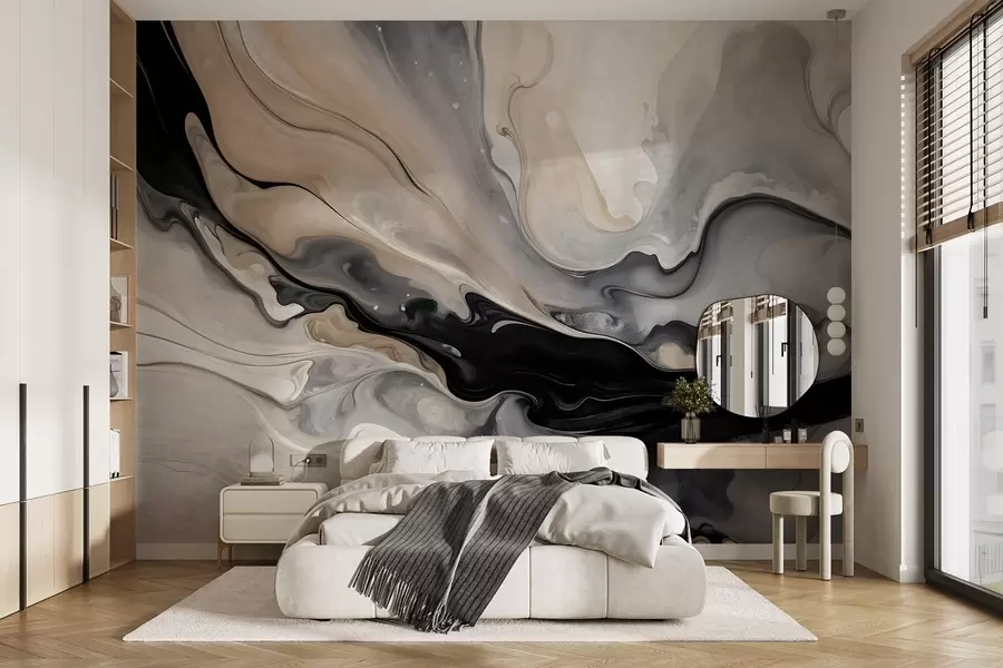 Fototapetai Abstrakti skystos tekstūros tapyba juodos, baltos, pilkos ir smėlio spalvos marmuro imitacijos atspalviais w09160