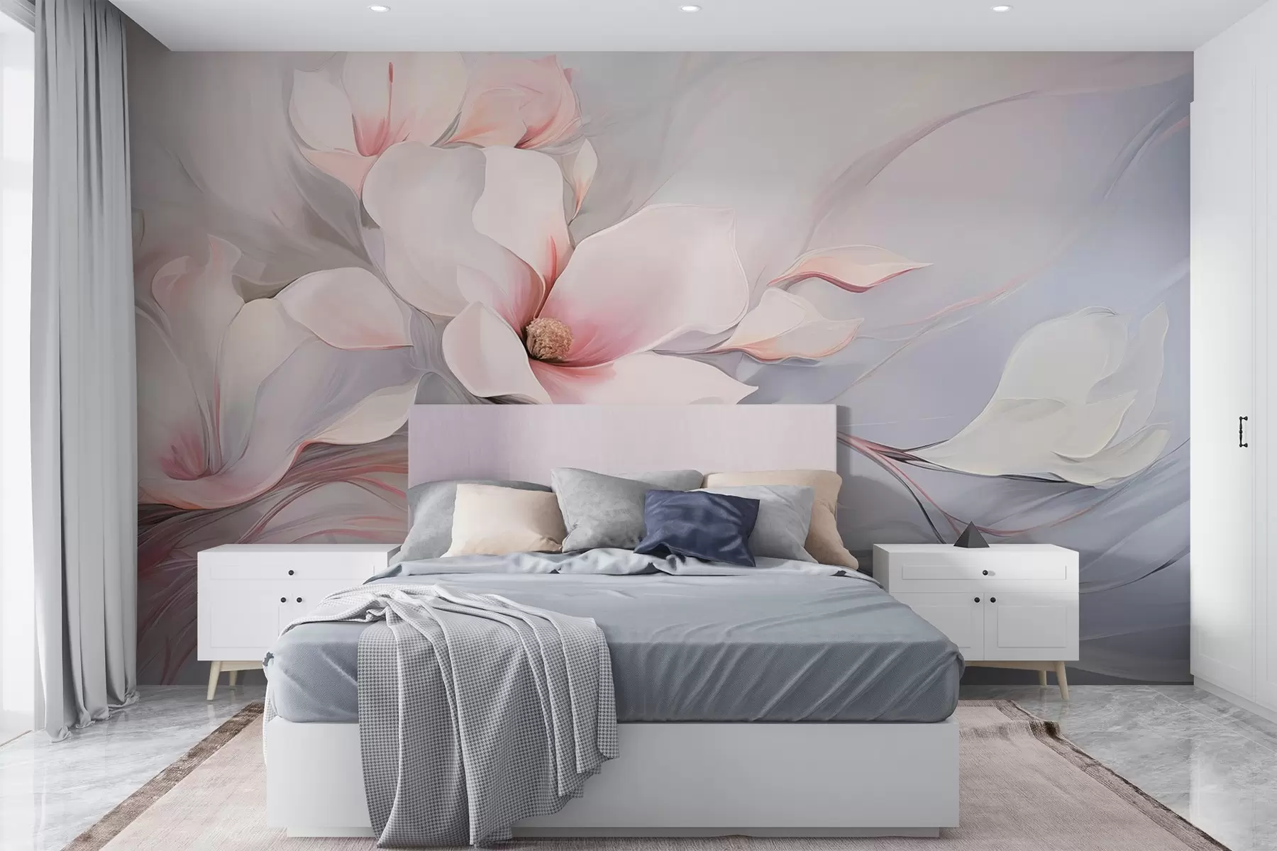 Fototapetai Švelnūs magnolijos žiedai rausvais žiedlapiais ir baltais lapais, lygi tekstūra, tekančios linijos w09165