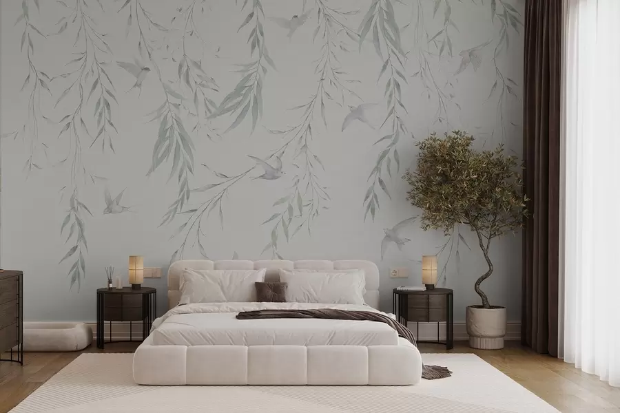 Fototapetai Kabančios šakelės su žaliais lapais ir paukščiai w04052