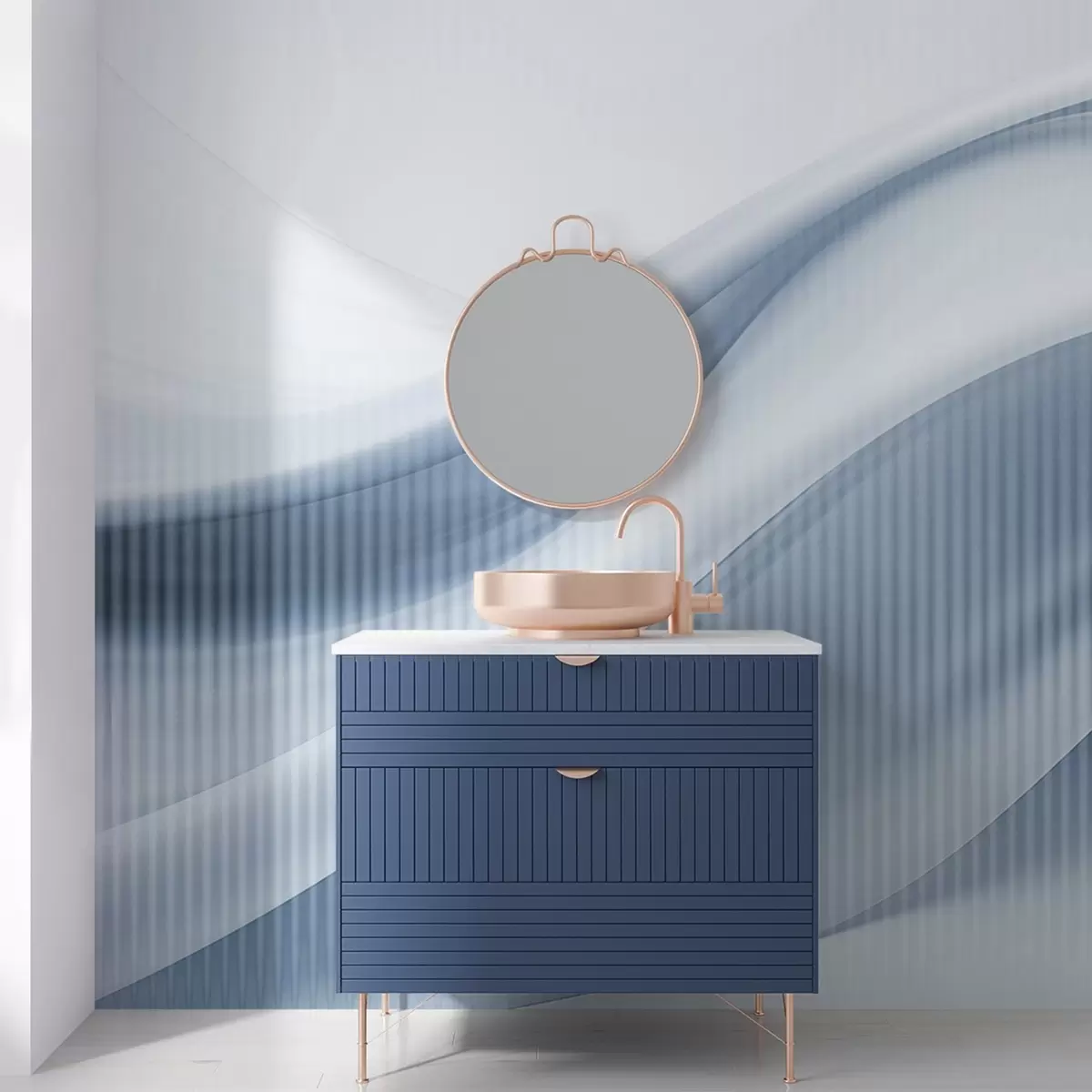 Fototapetai Abstraktus raštas su tekančiomis linijomis ir subtiliomis vertikaliomis juostelėmis, sukuriančiomis judesio ir gylio pojūtį, mėlyna paletė w09189v1