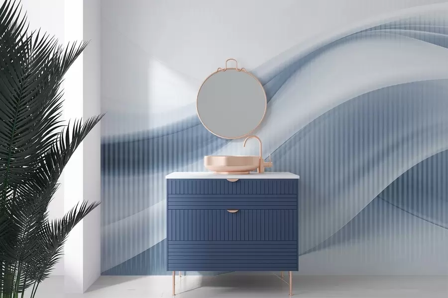 Fototapetai Abstraktus raštas su tekančiomis linijomis ir subtiliomis vertikaliomis juostelėmis, sukuriančiomis judesio ir gylio pojūtį, mėlyna paletė w09189v1