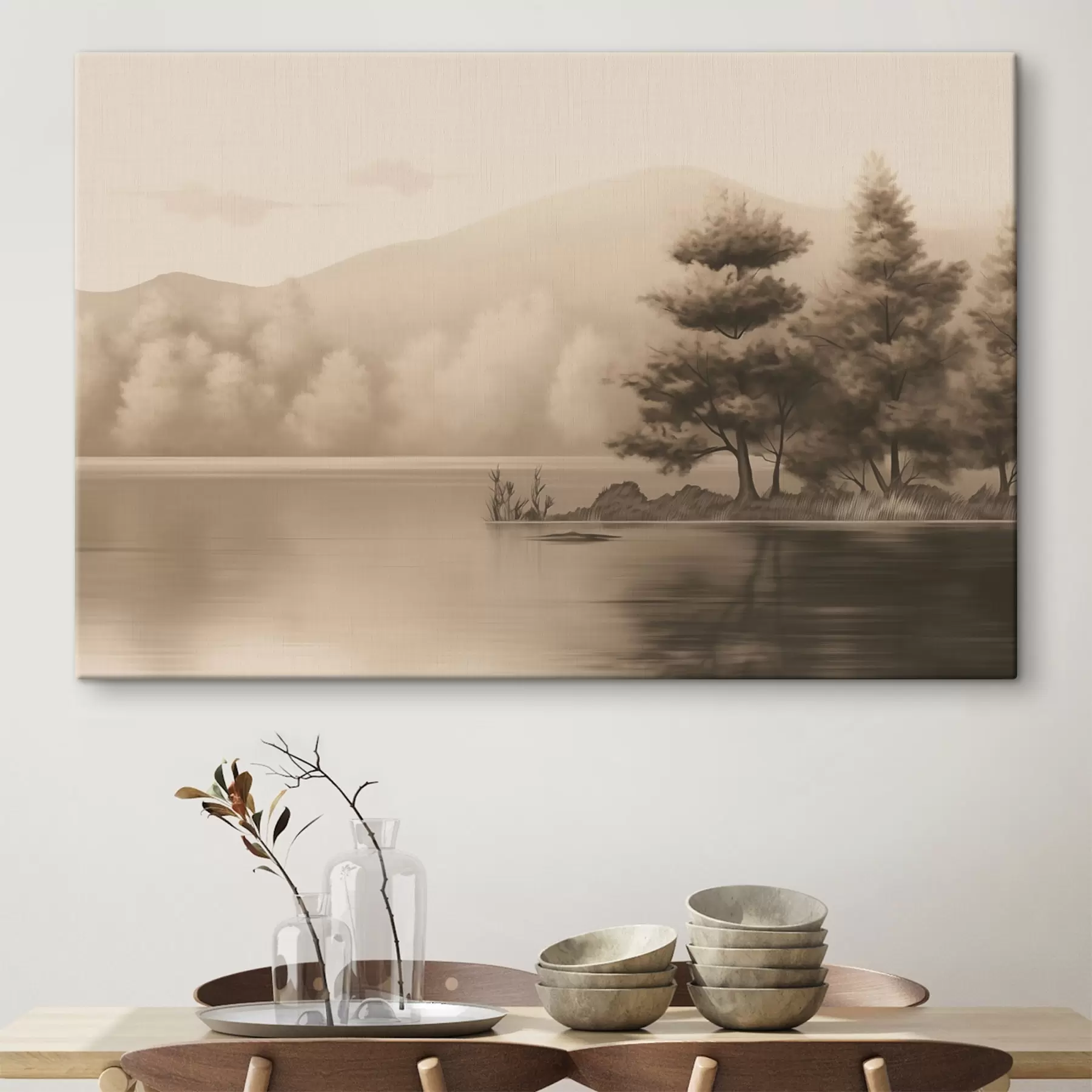 Fototapetai Ežeras ir medžiai sepijos spalvomis s44633