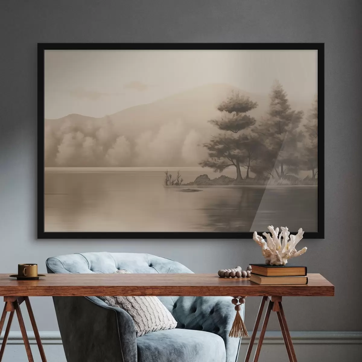 Plakatas Ežeras ir medžiai sepijos spalvomis f44633