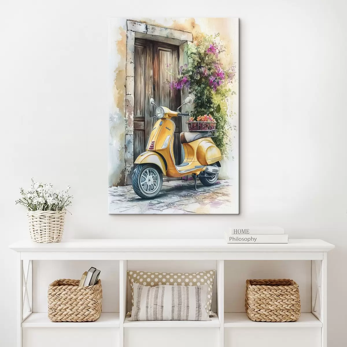 Paveikslėlis Geltonas Vespa motoroleris prie medinių durų su gėlėmis s44607