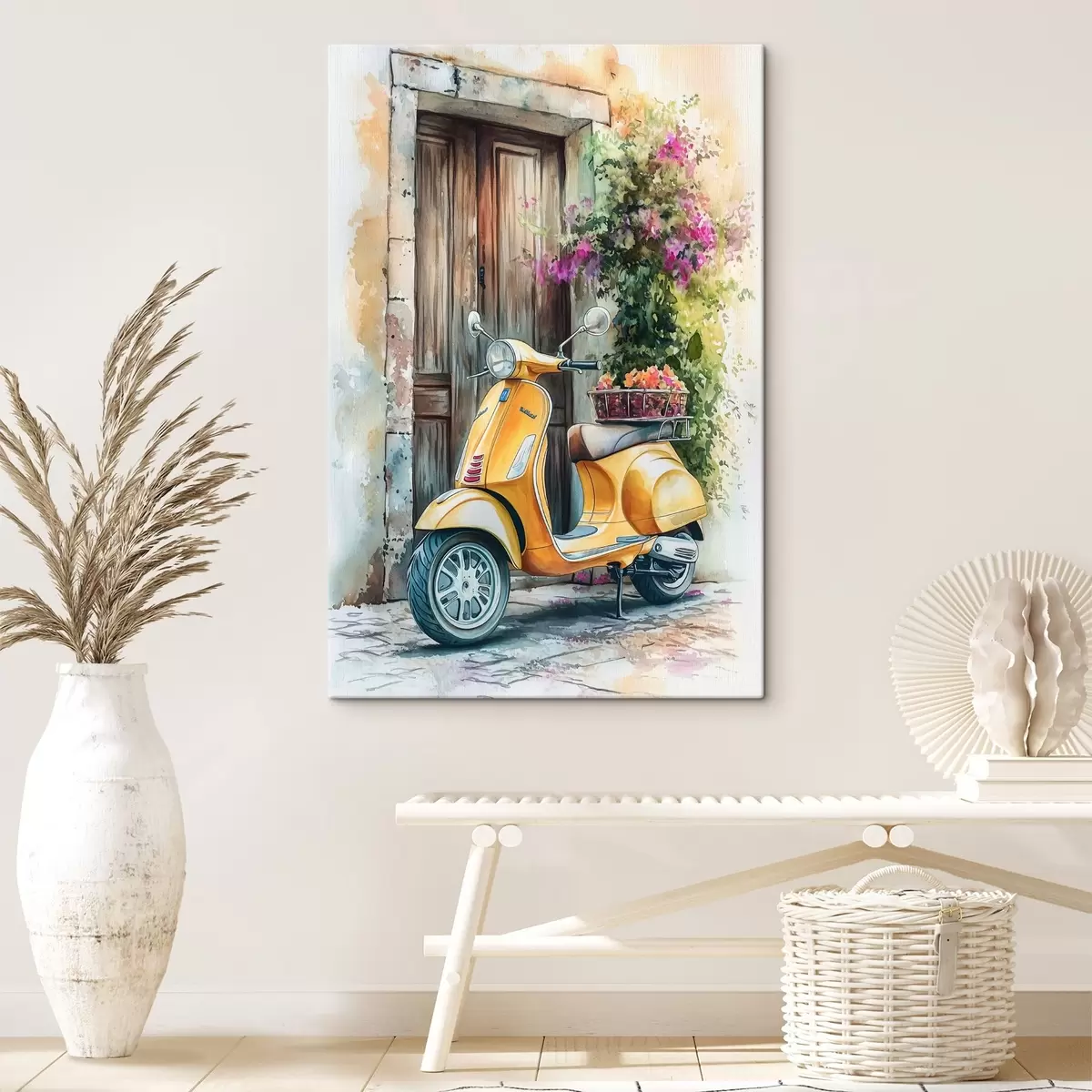 Paveikslėlis Geltonas Vespa motoroleris prie medinių durų su gėlėmis s44607
