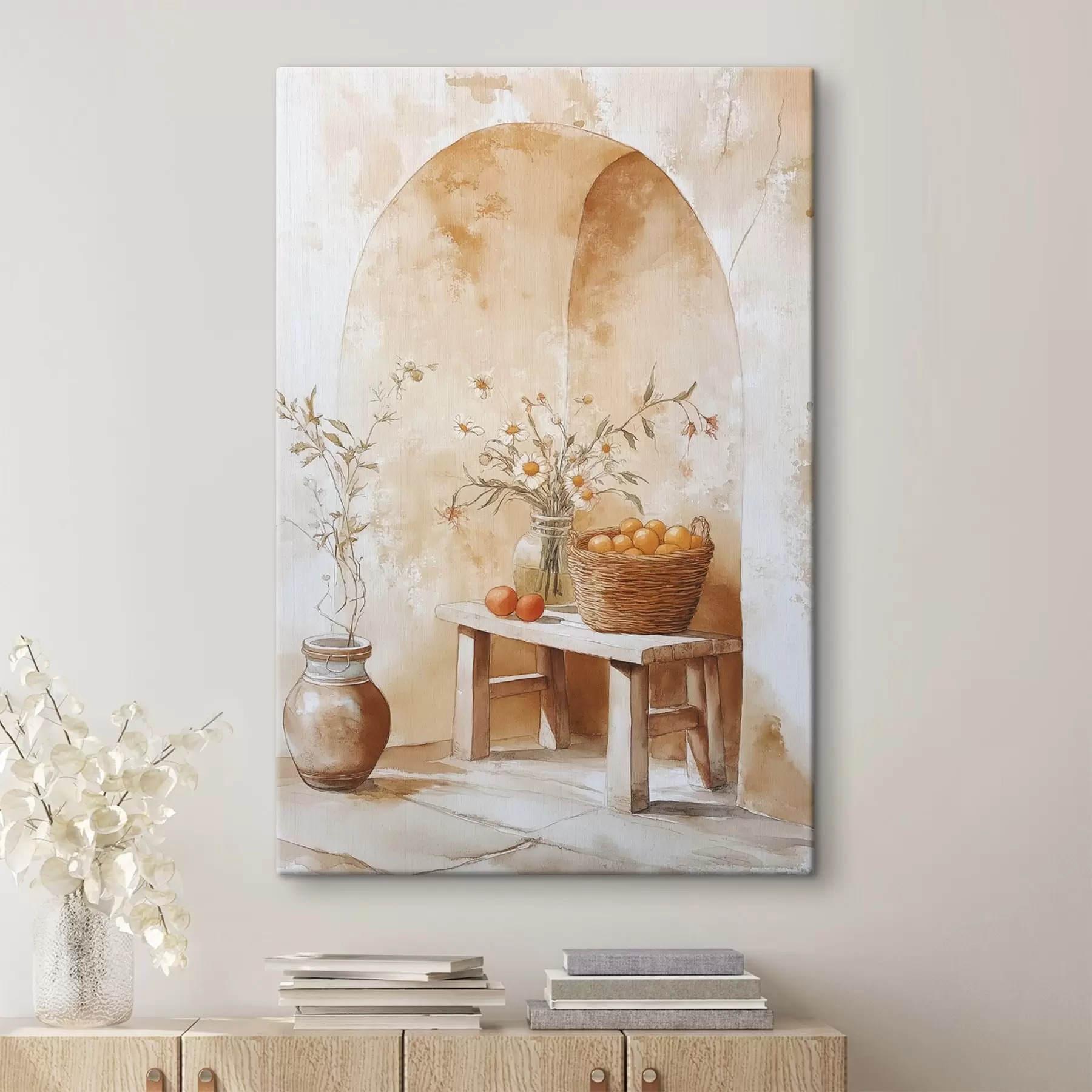 Fototapetai Arkinė siena su antikvariniu stiklainiu, ramunėlių gėlėmis ir apelsinų krepšeliu  s44613