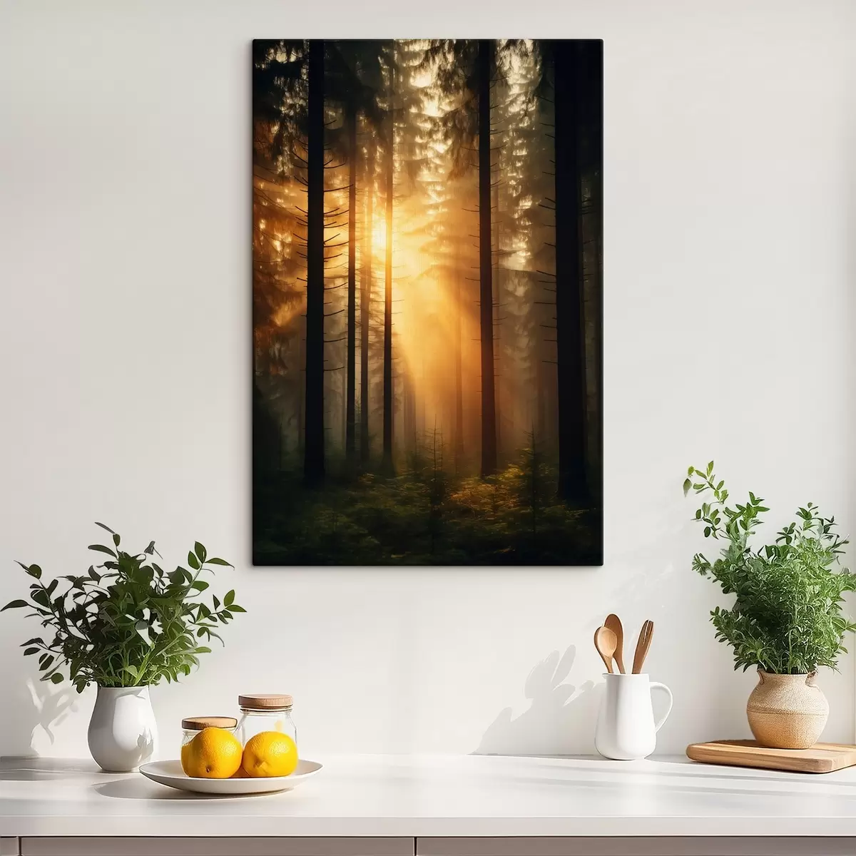 Paveikslėlis Tankus pušynas su saulėlydžio šviesa, realizmas, gamta s44615