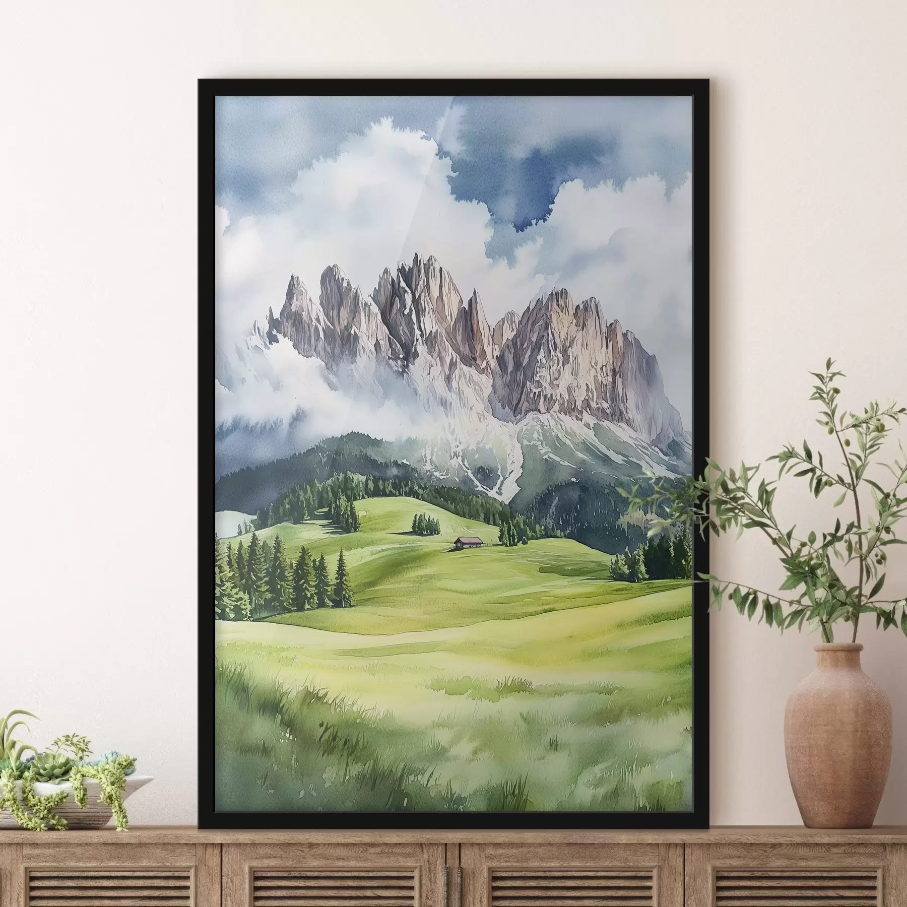 Paveikslėlis Dolomitai, Alpių kalnai, Italija, kraštovaizdis, akvarelės stilius f44601
