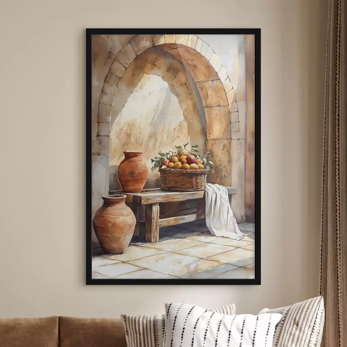 Plakatas Estetiškos vazos ir pintas krepšys su apelsinais, Toskana, kaimiškas stilius f44605