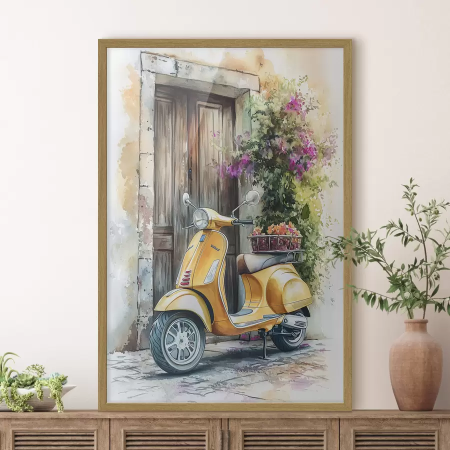 Fototapetai Geltonas Vespa motoroleris prie medinių durų su gėlėmis f44607