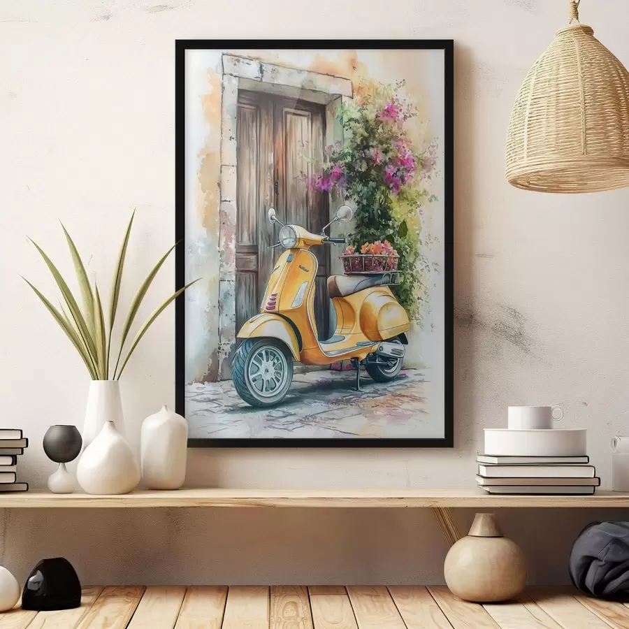 Fototapetai Geltonas Vespa motoroleris prie medinių durų su gėlėmis f44607