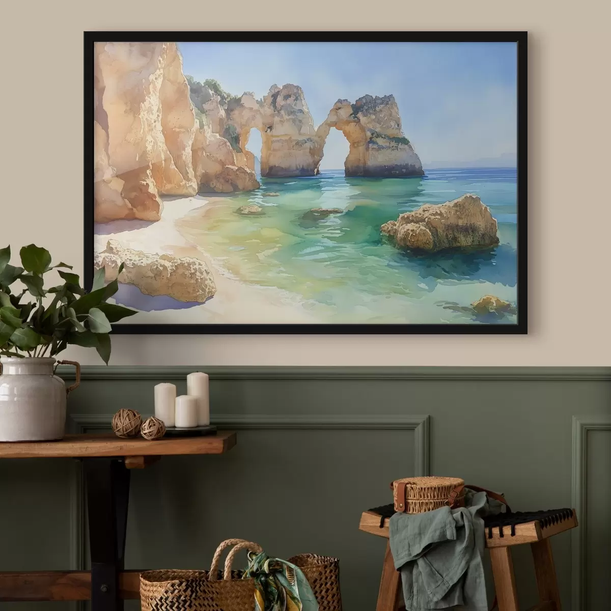 Plakatas Vandenyno paplūdimys su uolomis, Portugalija, vasara, akvamarinas f44608