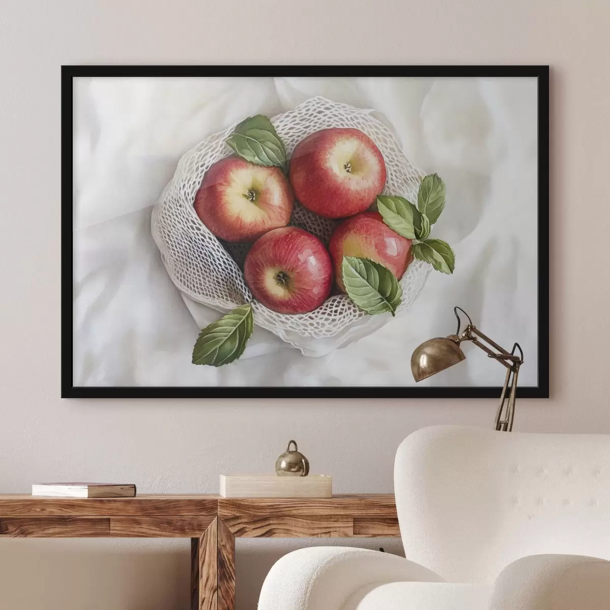 Plakatas Raudoni obuoliai lininiame maišelyje su mėtų lapeliais, kaimiškas stilius, vaisiai f44609