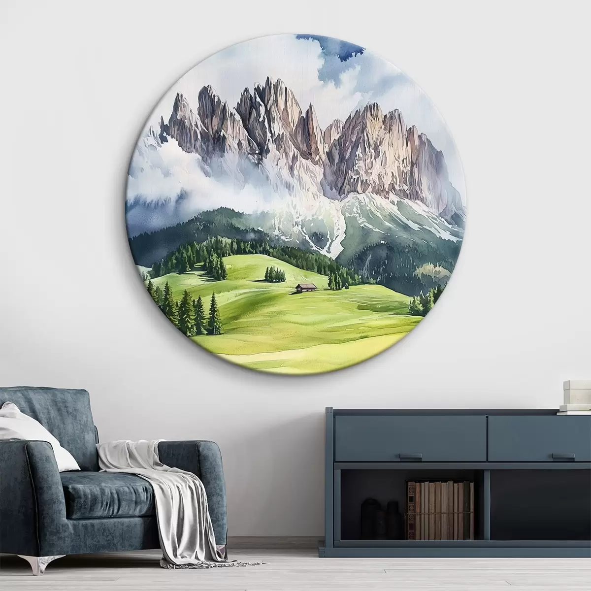 Apvalūs paveikslai Dolomitai, Alpių kalnai, Italija, kraštovaizdis, akvarelės stilius r44601