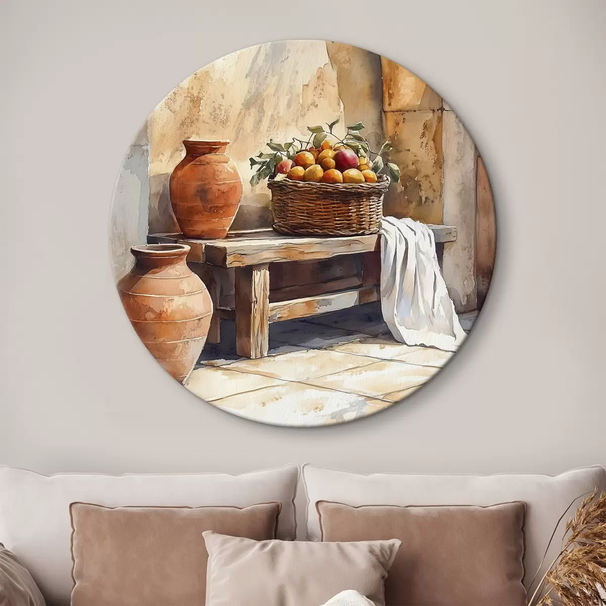 Apvalūs paveikslai Estetiškos vazos ir pintas krepšys su apelsinais, Toskana, kaimiškas stilius r44605