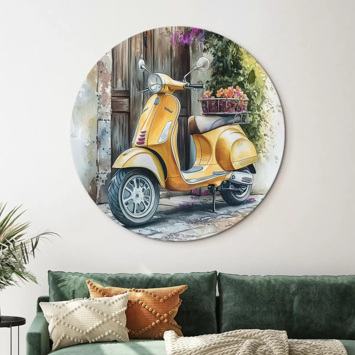 Apvalūs paveikslai Geltonas Vespa motoroleris prie medinių durų su gėlėmis r44607