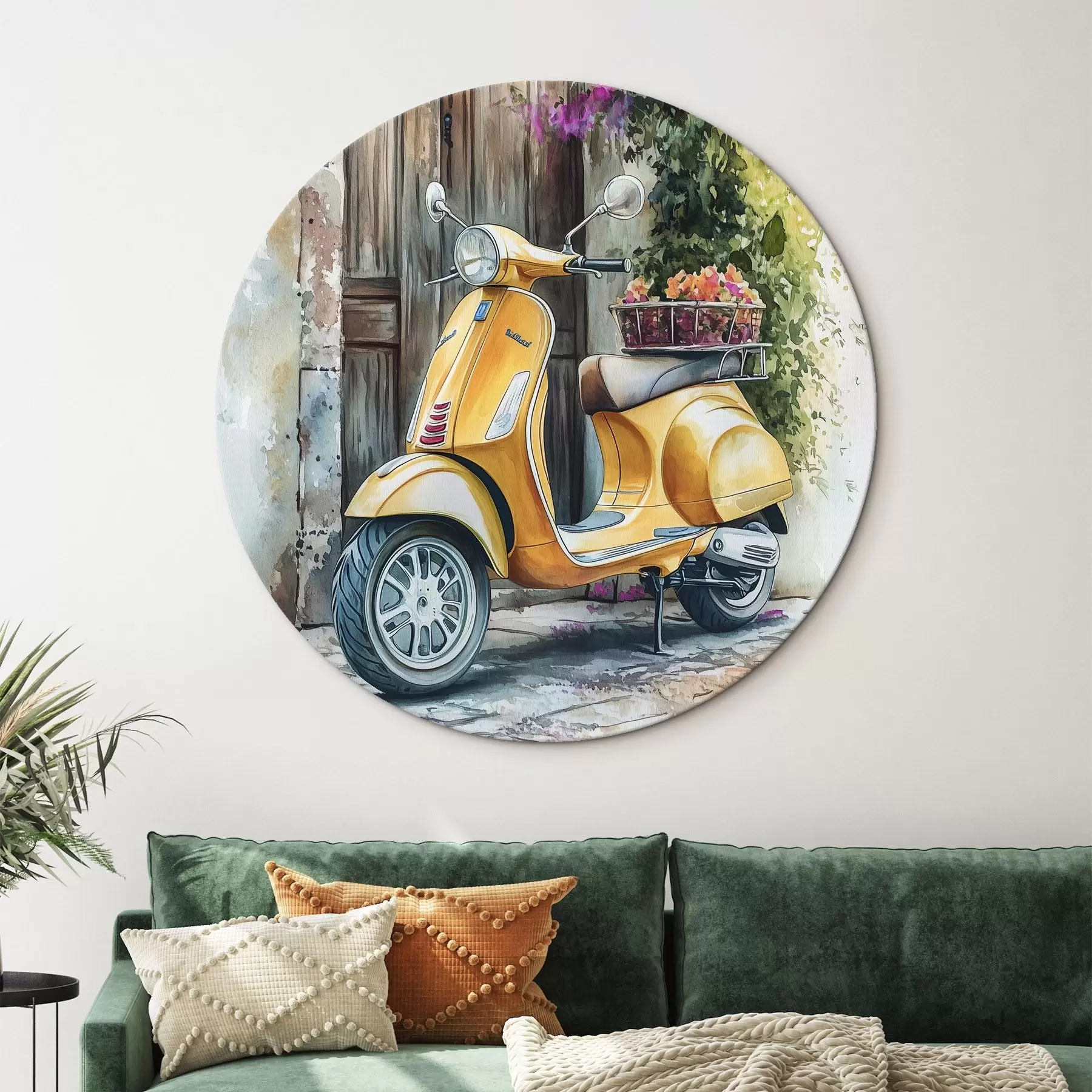 Paveikslėlis Geltonas Vespa motoroleris prie medinių durų su gėlėmis r44607