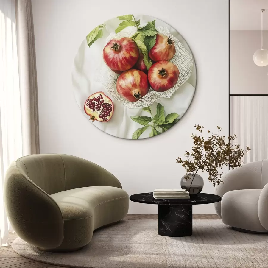 Paveikslėlis Granatai su mėtų lapeliais ant lininės staltiesės, kaimiškas stilius r44611