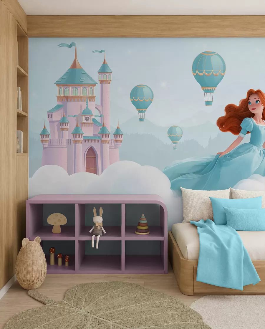 Fototapetai Princesė tarp debesų kraštovaizdžio su pilimi fone w04015