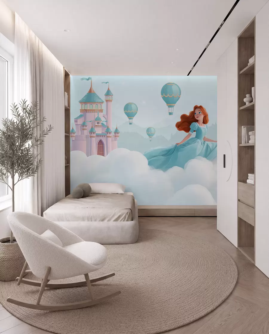 Fototapetai Princesė tarp debesų kraštovaizdžio su pilimi fone w04015