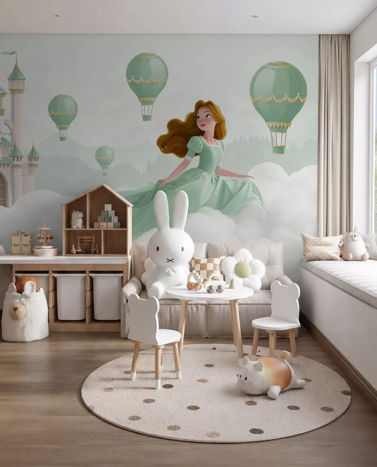 Fototapetai Princesė tarp debesų kraštovaizdžio su pilimi fone w04015v2