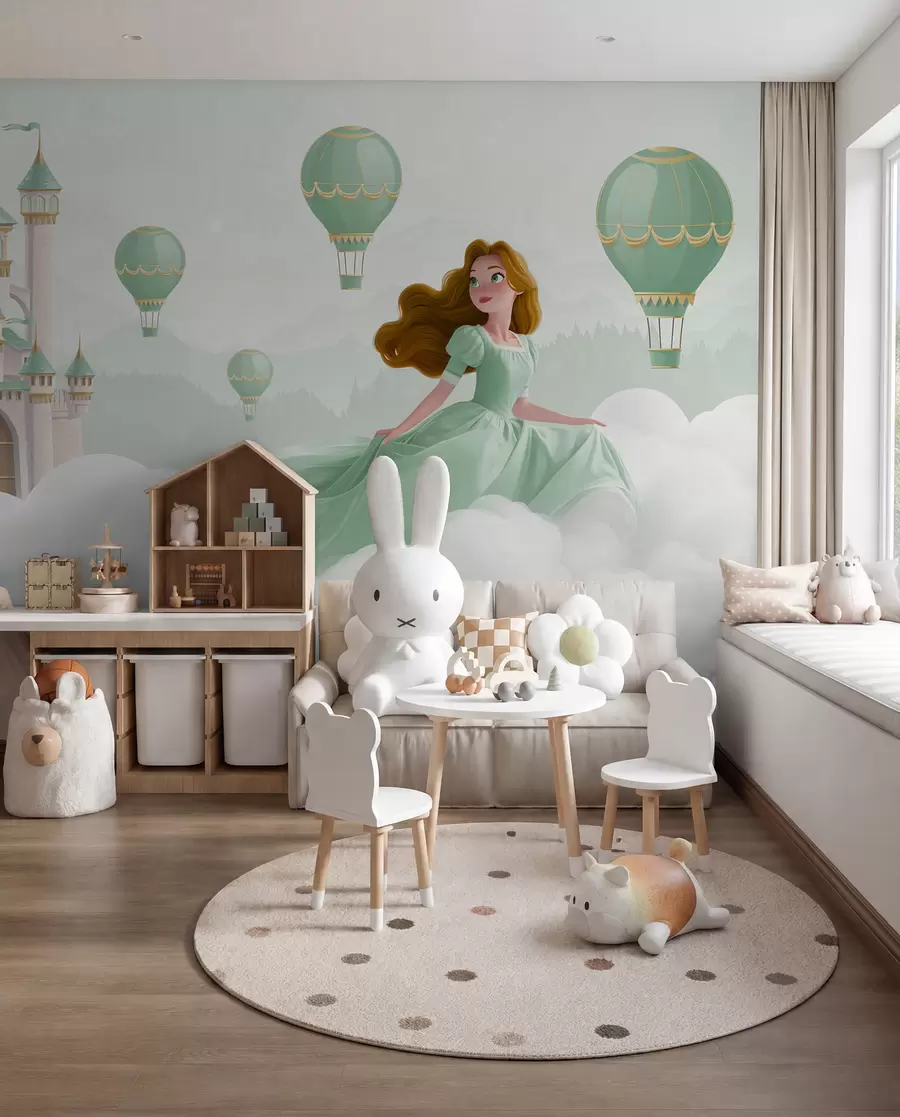 Fototapetai Princesė tarp debesų kraštovaizdžio su pilimi fone w04015v2