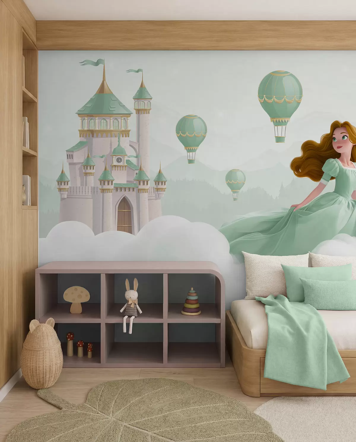 Fototapetai Princesė tarp debesų kraštovaizdžio su pilimi fone w04015v2