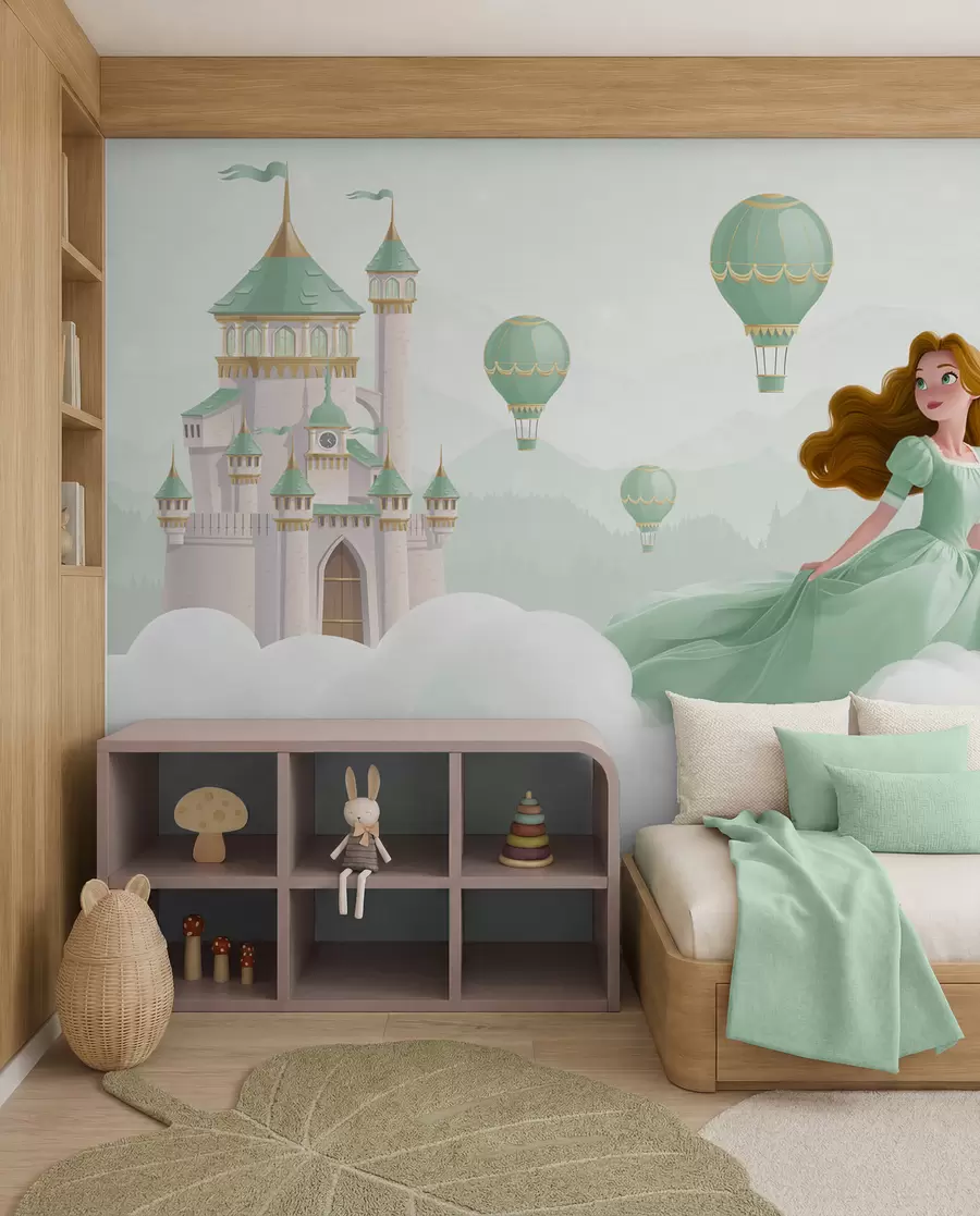 Fototapetai Princesė tarp debesų kraštovaizdžio su pilimi fone w04015v2